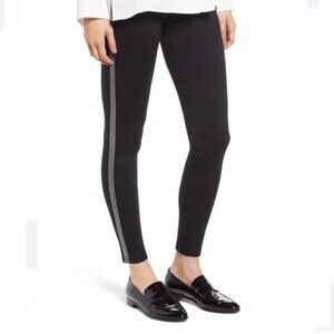 Hue Ponte Velvet Tuxedo Stripe Pants Pull On Slimming Straight Leg Minimalist M